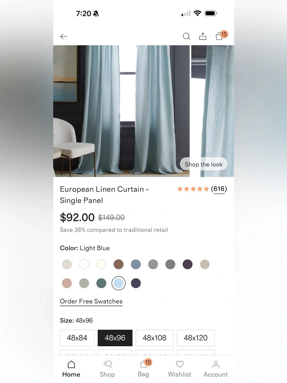 NWOT Light Blue Linen 48x96 Curtain Panel Set - Retail $134